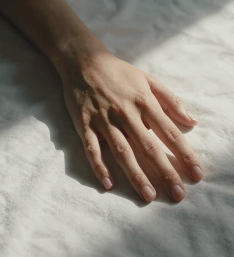 Minimalist close-up of human hands gently resting on soft white fabric, lit with a warm, cinematic glow and deep charcoal shadows.