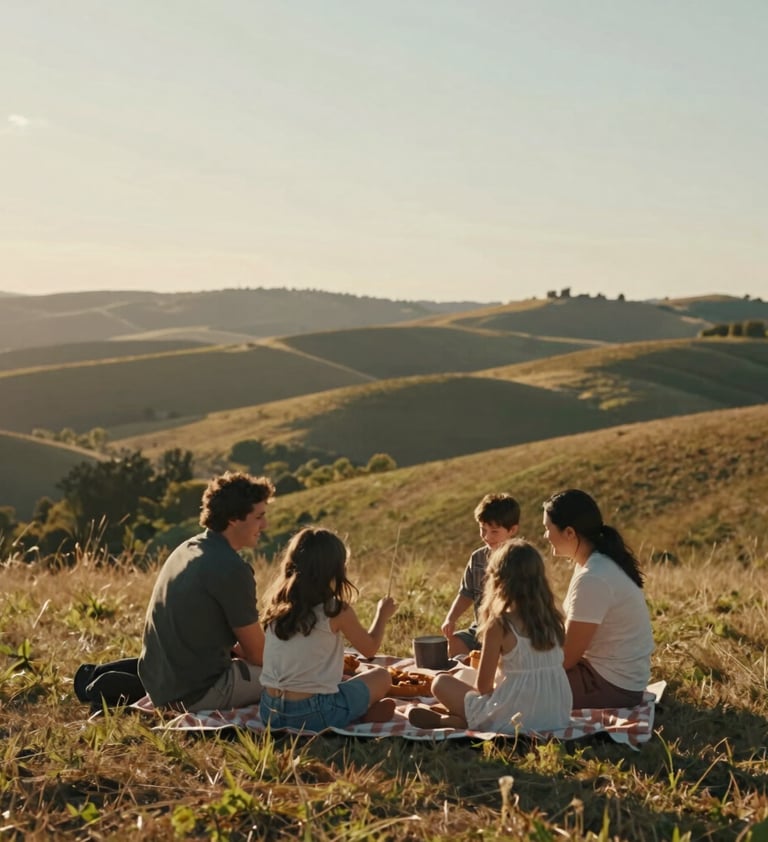 A cinematic, wide-angle photo of a family picnic in a North American rolling hills environment. Sun-drenched lighting at sunset creates a warm and authentic atmosphere with visible joy and storytelling depth.