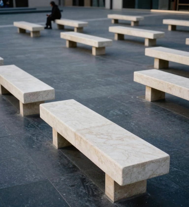 A wide photography shot of a minimalist public plaza. Pale stone benches in soft off-white mist contrast with a dark charcoal pavement. A lone figure sits in the distance, emphasizing the scale of the intellectual design.