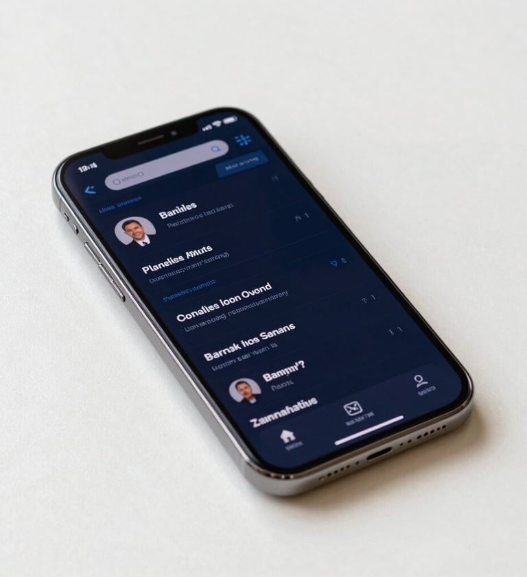 A high-end smartphone lying on a crisp off-white surface in a bright International / Western environment. The screen displays a banking dashboard with a sophisticated dark charcoal blue theme.