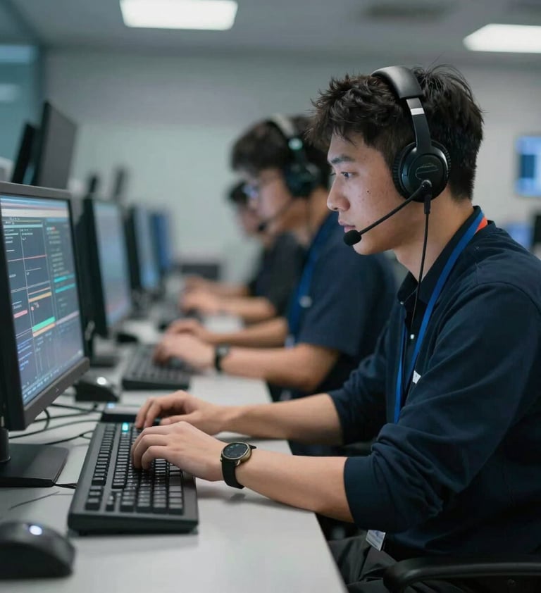 Action shot of the broadcast crew behind the scenes. A technician wearing a headset works on a control board. Focused, professional atmosphere with soft bokeh background and cool color palette.