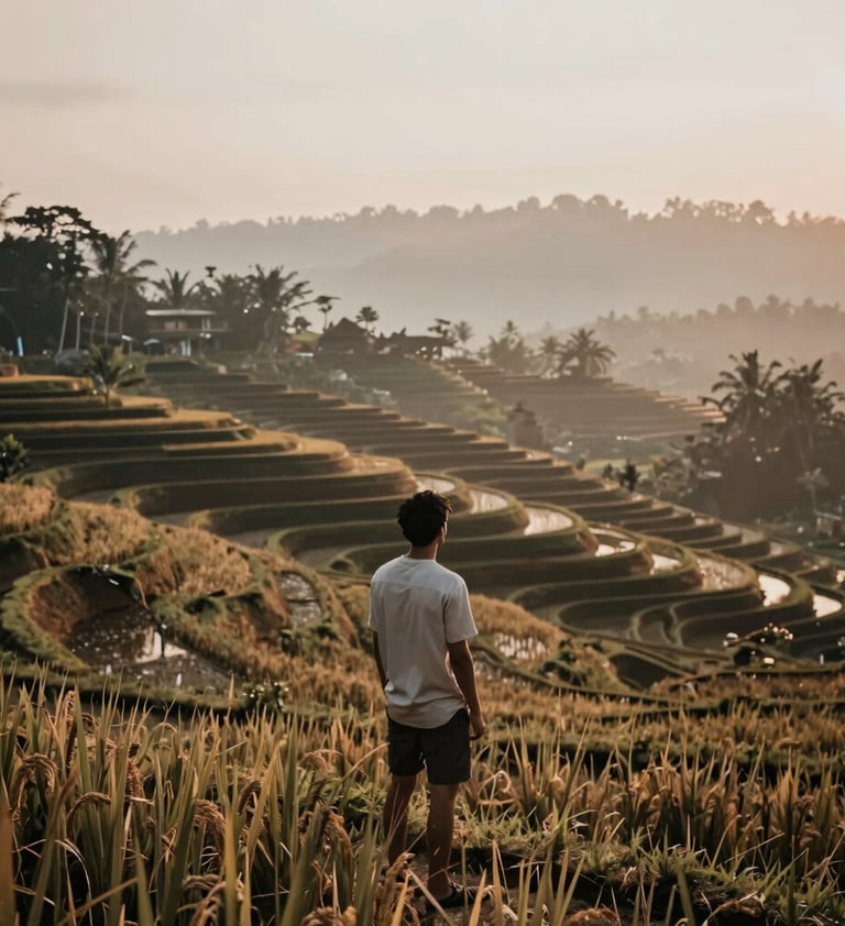 A traveler overlooking the lush Ubud rice terraces at dawn, soft cinematic lighting, evocative and serene atmosphere. Colors feature deep browns and soft creams.