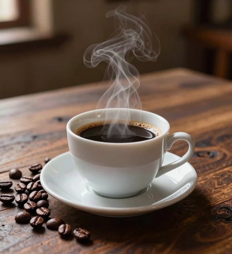 An elegant still life of a freshly brewed cup of black coffee on a rustic wooden table in a South American hacienda, steam rising, surrounded by roasted coffee beans, warm side lighting, dark brown and roasted tan tones.