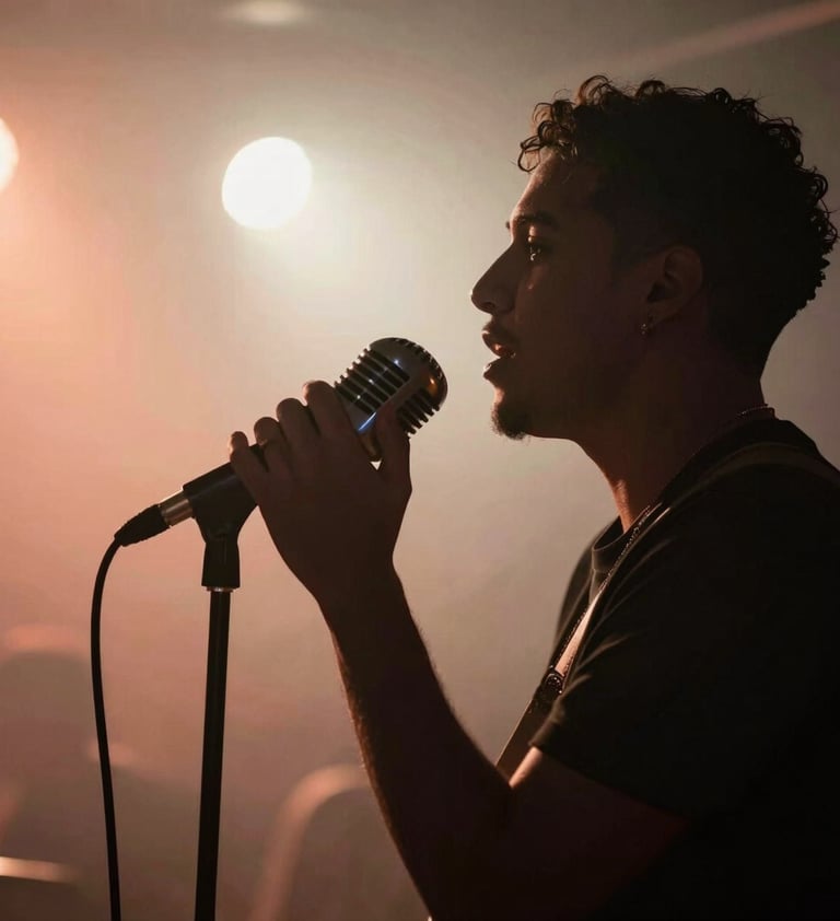 An atmospheric live music photography shot in a South American / Venezuelan club, featuring a silhouette of a singer and a vintage microphone, blurred lights in salmon and off-white tones.