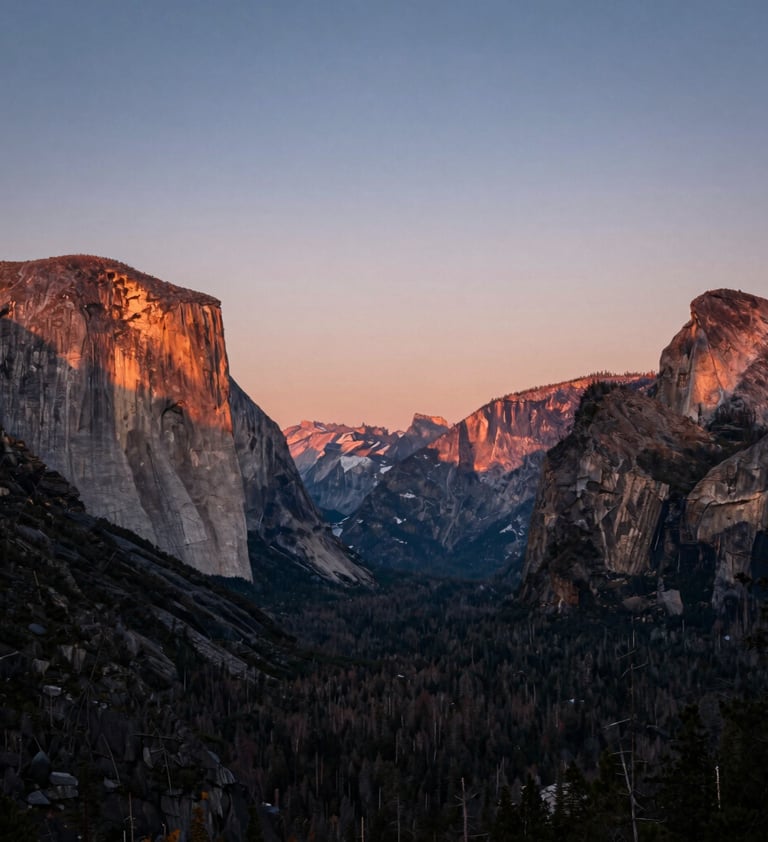 A breathtaking landscape photograph of a North American / US national park during the golden hour. The sky features soft dusty rose and muted steel blue hues, highlighting the authentic beauty of nature.