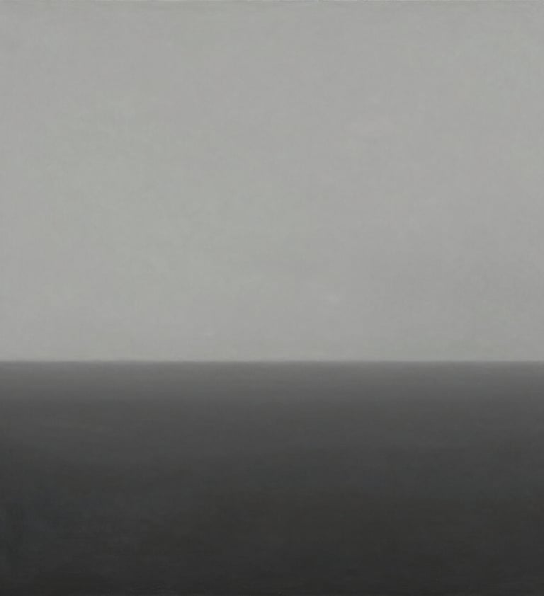 A contemplative landscape painting in a modern minimalist style, using the brand colors #1A1A1A and #C8C0B2. The composition features a vast, empty horizon under a hazy, elegant sky, evoking a sense of calm and personal reflection.