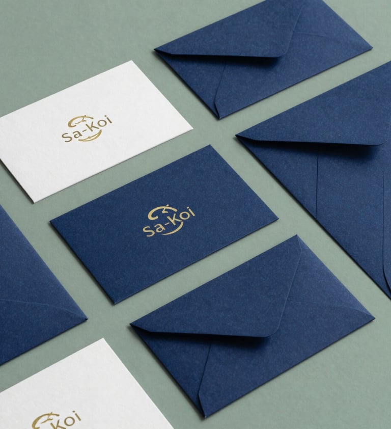 An editorial overhead shot of Sa-Koi visual identity materials, featuring business cards with a minimalist koi logo and deep indigo envelopes on a sage green background, in a East Asian / South Asian influenced for a global luxury audience design office.