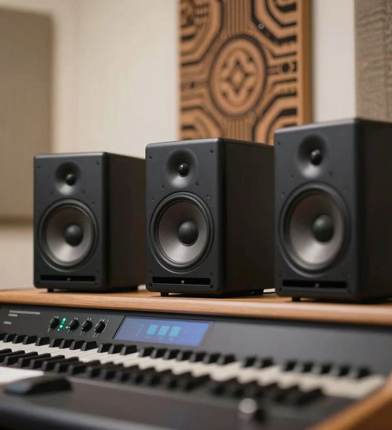 A close-up shot of a modern music production setup featuring high-end monitors and a custom-etched Nigerian pattern on the acoustic panels. The color palette is a mix of #F5F5EB and #3D2C20, reflecting a clean and professional workspace.