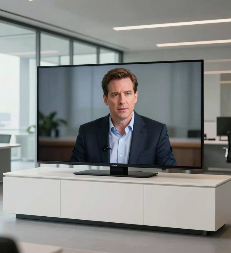 A wide photography shot of a professional television set in the North American / US region. The composition shows the actor in character within a sleek, modern office setting with large glass windows and clean architectural lines. Off-white and dark grey palette.