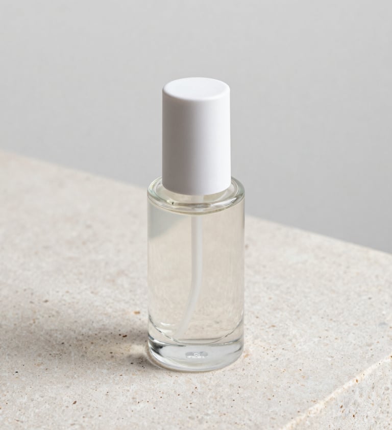 Close-up of a premium glass cosmetic bottle resting on a textured light stone surface. The lighting is precise, highlighting the glass edges and fluid contents. Minimalist composition with extreme focus on quality and clarity. Palette: #F8F5F2, #8E8E8E.