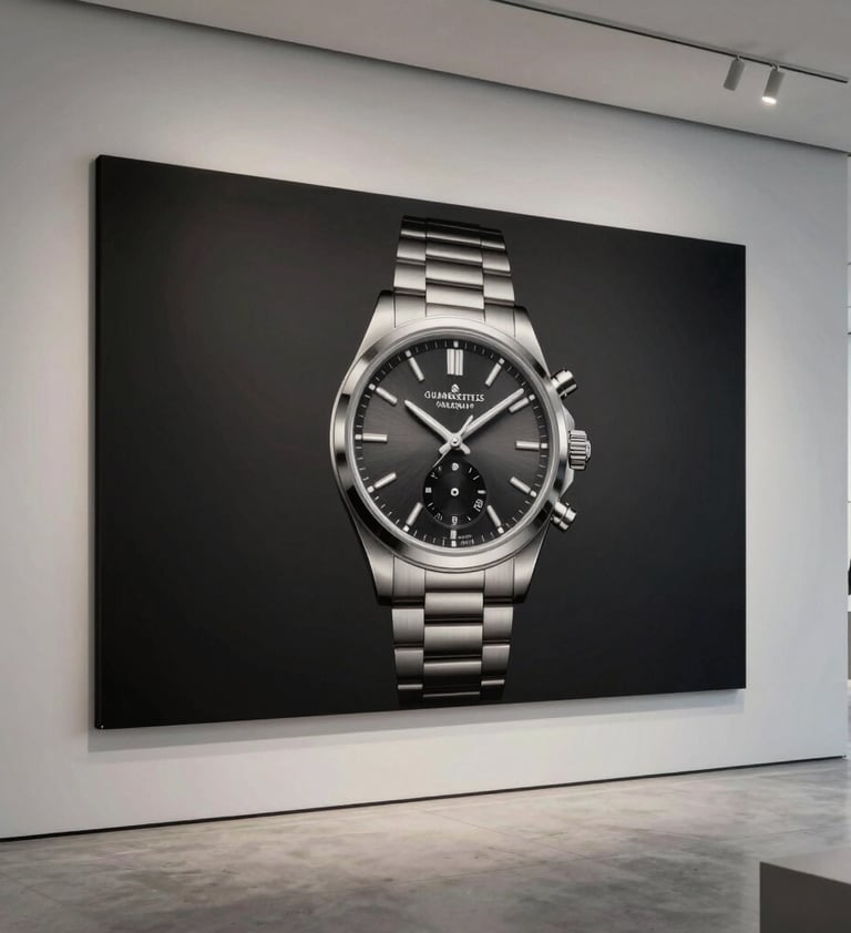 A clean, modern advertising banner for watches displayed in a minimalist Central European / German gallery space, featuring professional photography with deep charcoal black and light silver grey colors.