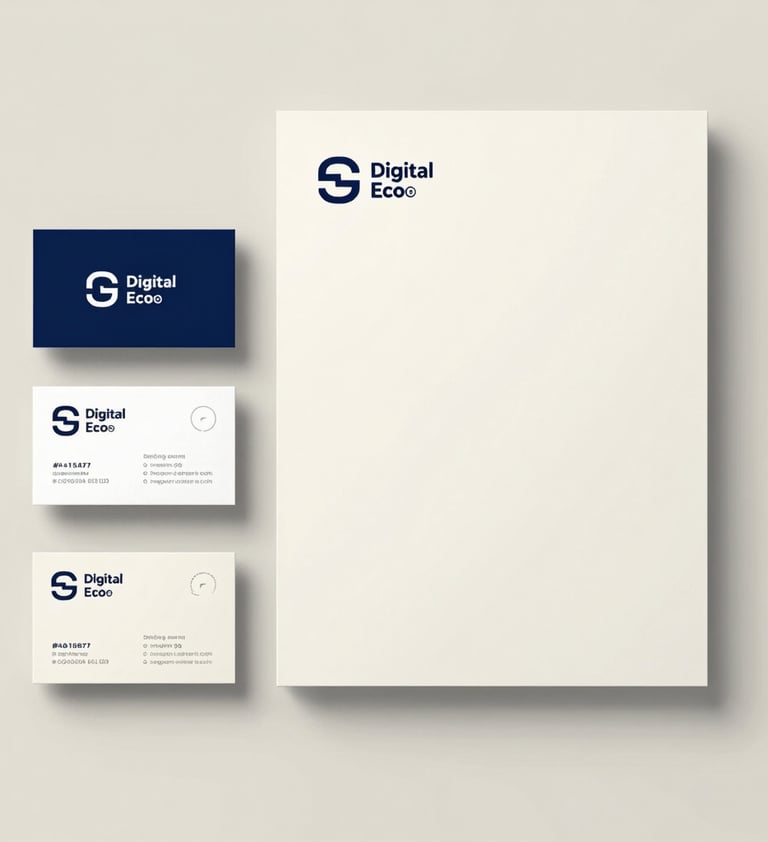 An array of corporate stationery including business cards and letterheads with the 'Digital Eco' logo. The design is minimalist and uses the brand colors #415A77 and #0D1B2A on off-white paper #E0E1DD.