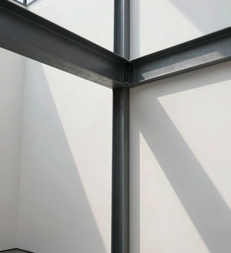 An architectural detail shot of a modern North American gallery space. The image captures the intersection of white plaster walls and dark gray steel beams, with soft natural light creating clean, geometric shadows that emphasize the Bauhaus-inspired precision of the structure.
