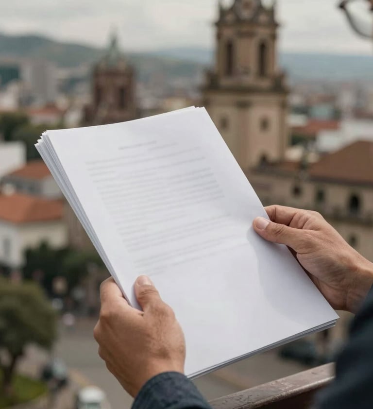 Detailed view of an actor's hands holding a script, with blurred South American / Colombian city architecture in the background. The lighting is off-white and natural, with dark grey shadows. Emotional and inspiring mood.