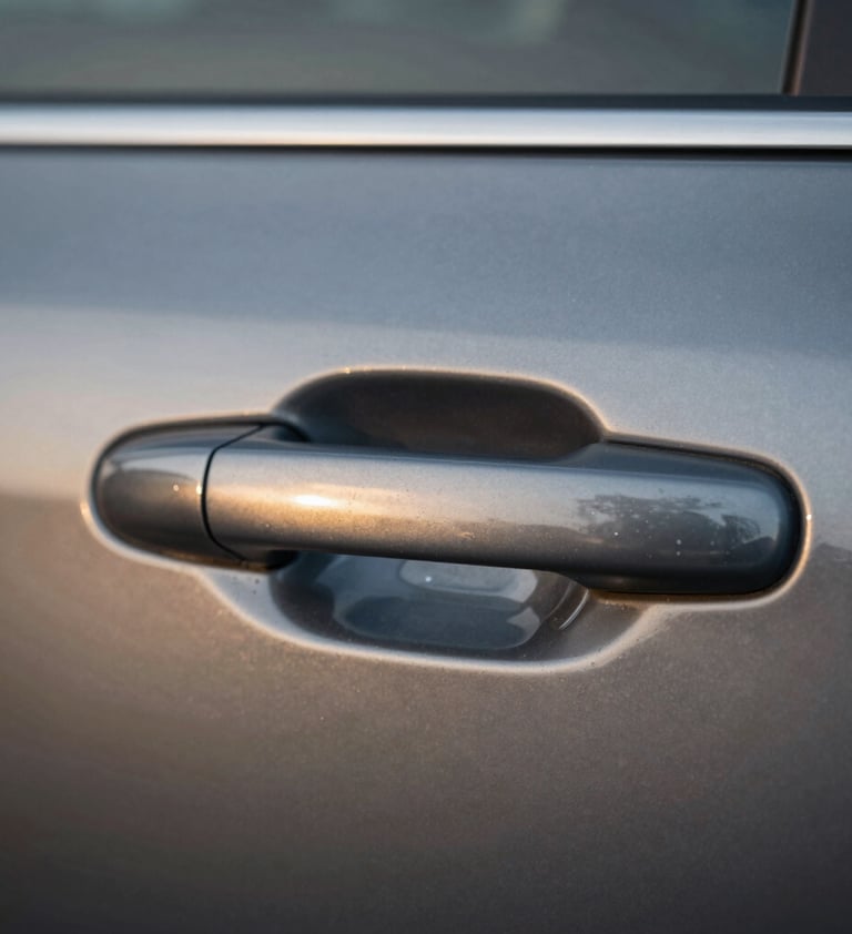 Extreme close-up of a car door handle area, completely smooth and free of dents, reflecting a sharp and clear gold horizon line, emphasizing the quality of the finish and the original paint preservation.