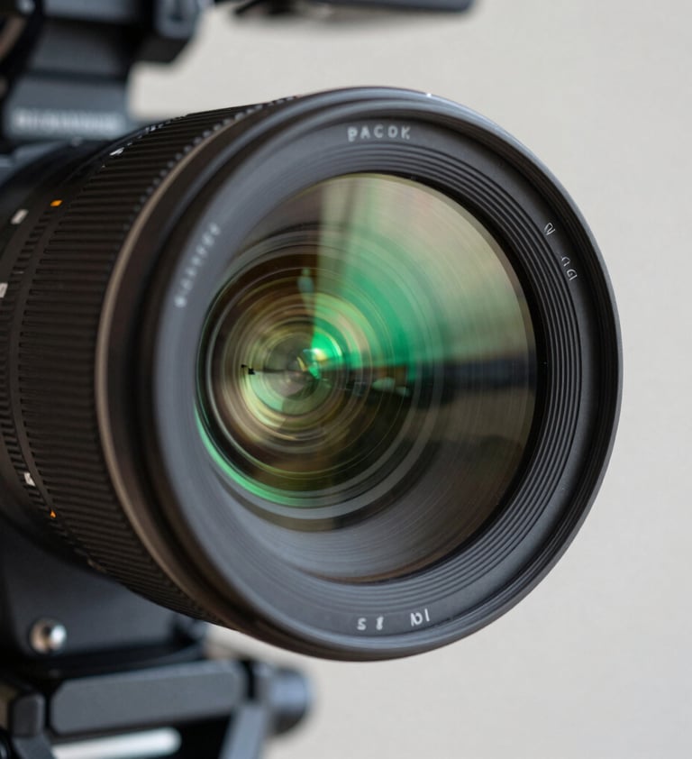 Extreme close-up of a high-end cinema camera lens reflecting neon green light streaks, captured in a minimalist professional environment in South America.