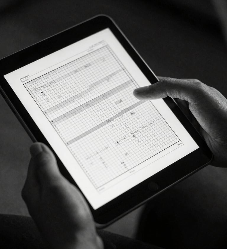 Detailed black and white photograph of hands holding a tablet showing a complex grid system, with sharp focus and cinematic editorial lighting.