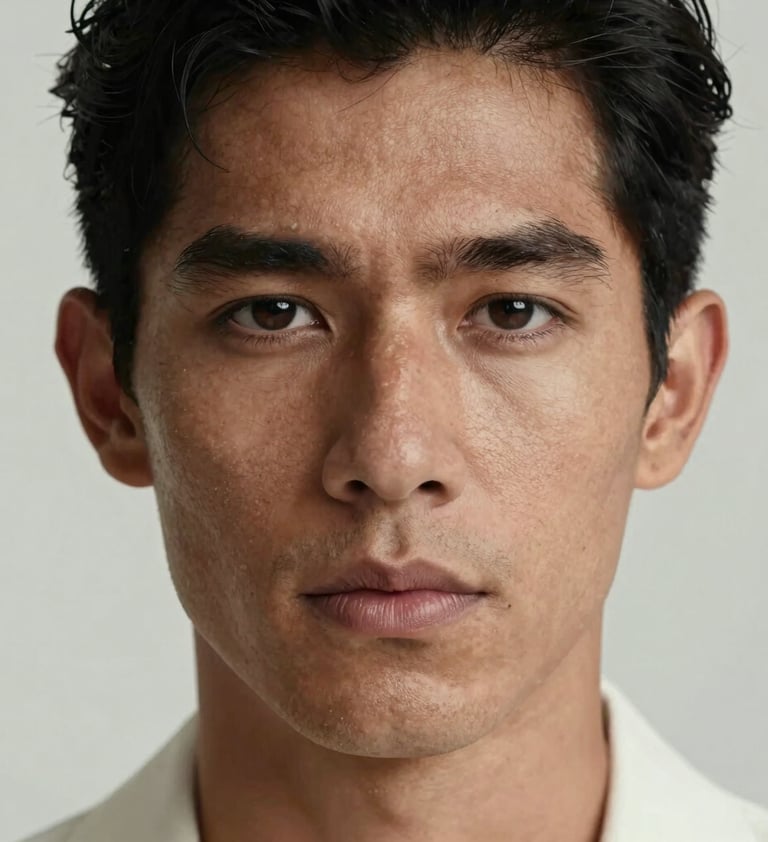 A sophisticated close-up portrait of a South American / Brazilian man with an elegant and intense gaze. The composition is minimalist, using off-white and cool light gray tones to create a high-end, editorial feel.