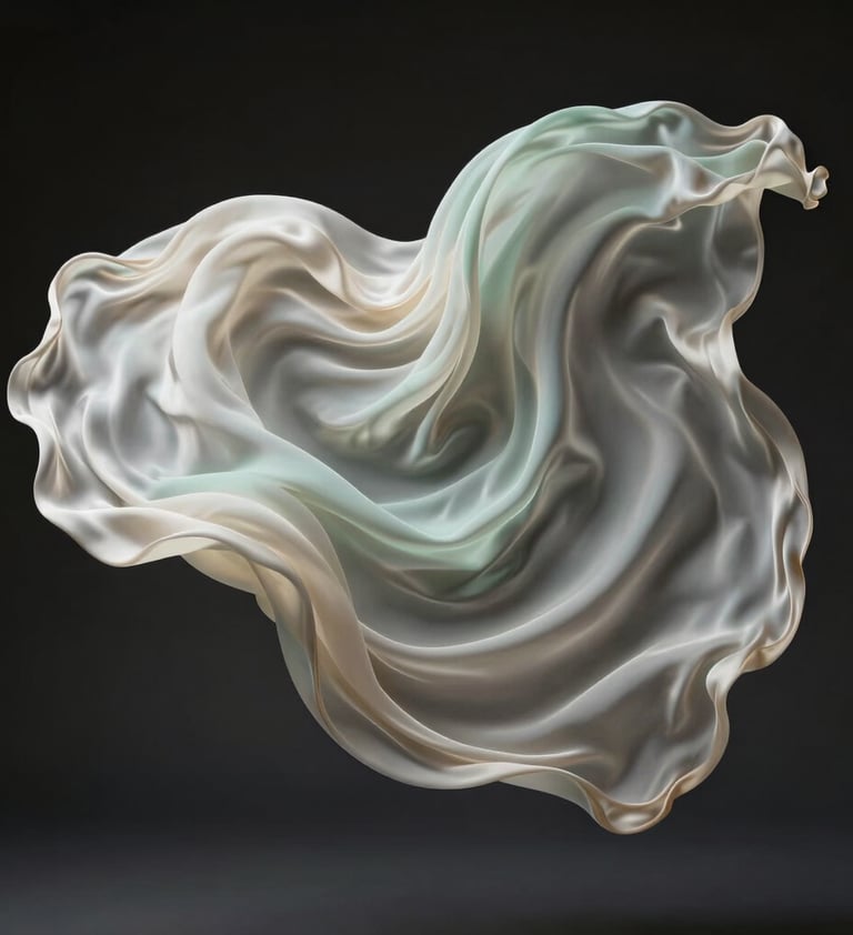 An ethereal photograph of silk fabric suspended in the air, rippling like a nebula. The lighting is low-key, featuring soft off-white and pale celadon hues against a dark background.