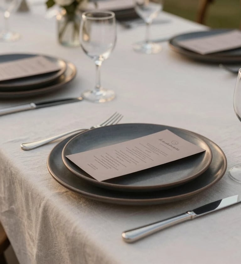A detail shot of an outdoor dinner table at a North American / European wedding. Soft cream linens are paired with dark charcoal ceramic plates and muted taupe menus. The scene is illuminated by the soft glow of dusk.