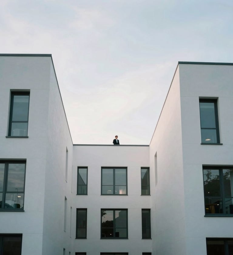 A clean composition showing modern white and light gray architecture against a soft sky, with a professional subject in the distance, minimalist International / Professional style.