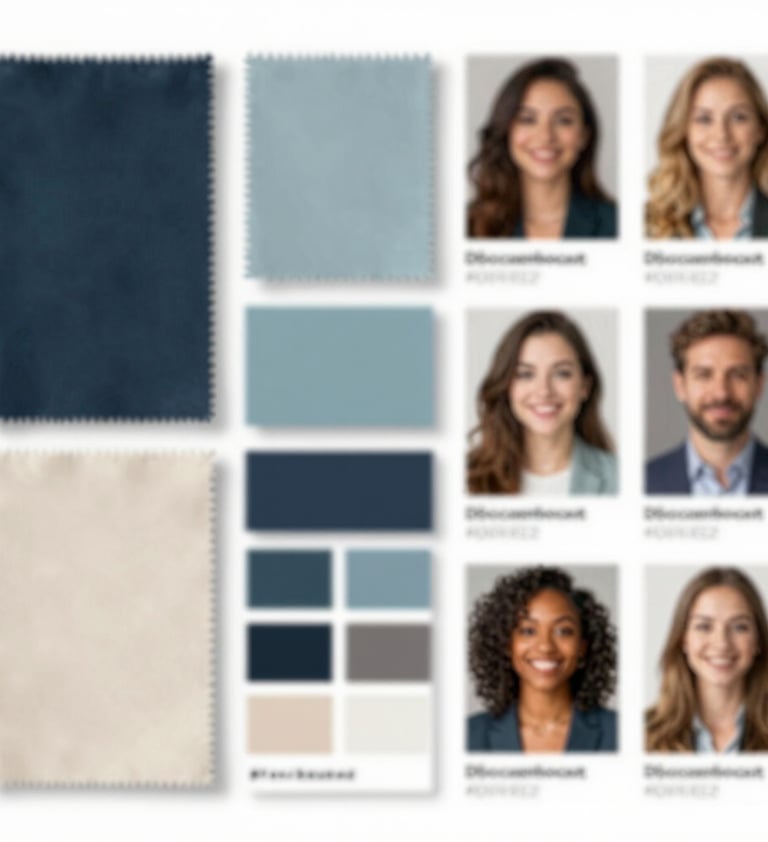 Detailed shot of a mood board in the Dbocaenbocast agency. It features fabric swatches, color palettes in #74A8AE and #0B1E22, and headshots of diverse talent. The lighting is warm and natural, creating an inviting, professional mood.