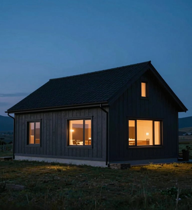The Cedar Cottage at dusk. The charcoal exterior (#2F4F4F) is silhouetted against a deep blue sky, while warm terracotta-toned lights (#B85C3D) glow from within the large windows. The scene is peaceful and inviting.