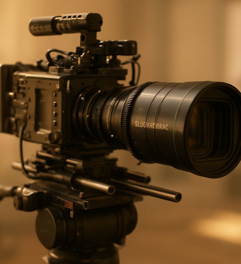 A detailed close-up of a professional cinema camera rig with anamorphic lenses on a film set, soft lighting with golden hues and off-white highlights. High-end production gear, North American / International.