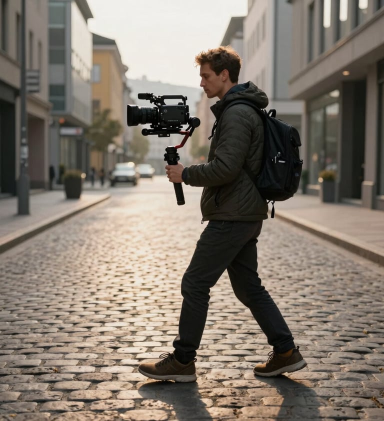 Action photography of a brand commercial shoot on a cobblestone street in a modern European city. A professional videographer uses a stabilizer rig. The lighting is low-sun golden hour, creating long shadows and high-contrast professional tones.