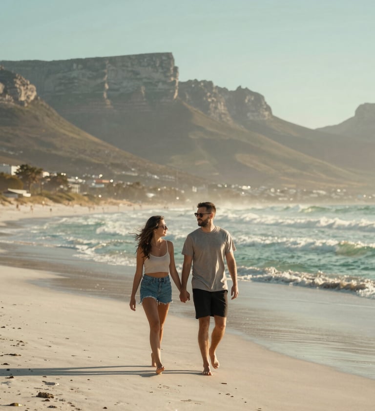 A stunning portrait of a couple walking along a Cape Town beach at sunset. The composition is wide, showcasing the adventurous spirit of the couple and the natural beauty of the South African coastline in muted sea green and off-white.