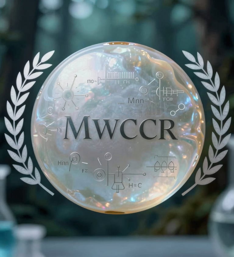 Close-up photography of frosted milky pearl glass with etched scientific formulas, revealing a blurred dark forest teal laboratory in the background.