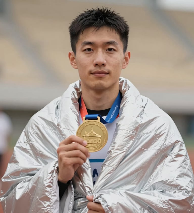 A portrait of a finisher wrapped in a silver thermal blanket, holding a medal. The expression is one of quiet pride. Authentic lighting, close-up composition. The blanket reflects the soft tones of the surroundings, including #8C847E and #F2F1ED.