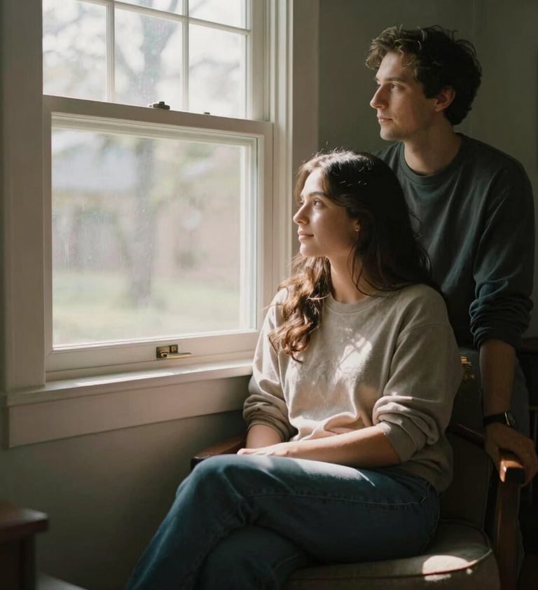 An authentic portrait of a couple sharing a quiet moment by a window in a North American home. The sun-drenched lighting creates a cinematic atmosphere. Soft Sand tones and Charcoal shadows provide a beautiful, artful contrast.