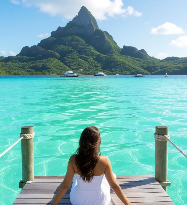 a woman sitting on a dock with a mountain in the background