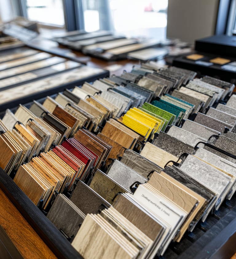 Organized display of vinyl and linoleum flooring samples showing various textures, colors, and patte