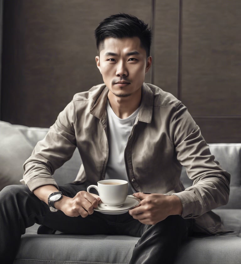 a man sitting on a couch with a cup of coffee