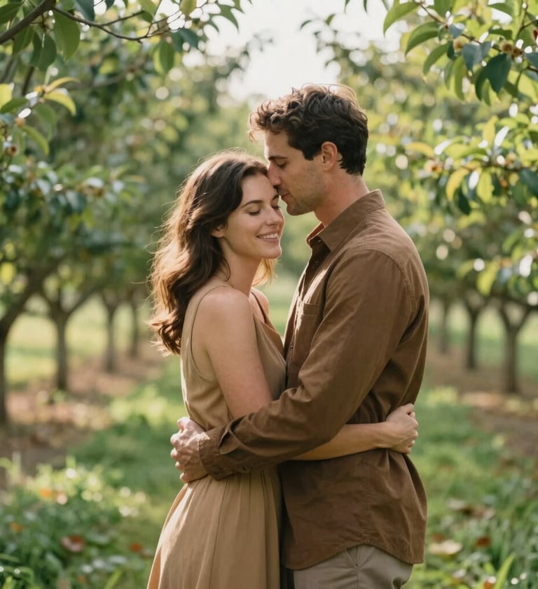 A sophisticated portrait of a couple embracing in a lush, green orchard in West Michigan. The style is light and airy, with warm natural light filtering through the trees. They are wearing timeless, elegant clothing in shades of medium brown and tan, reflecting a sense of genuine joy and connection.