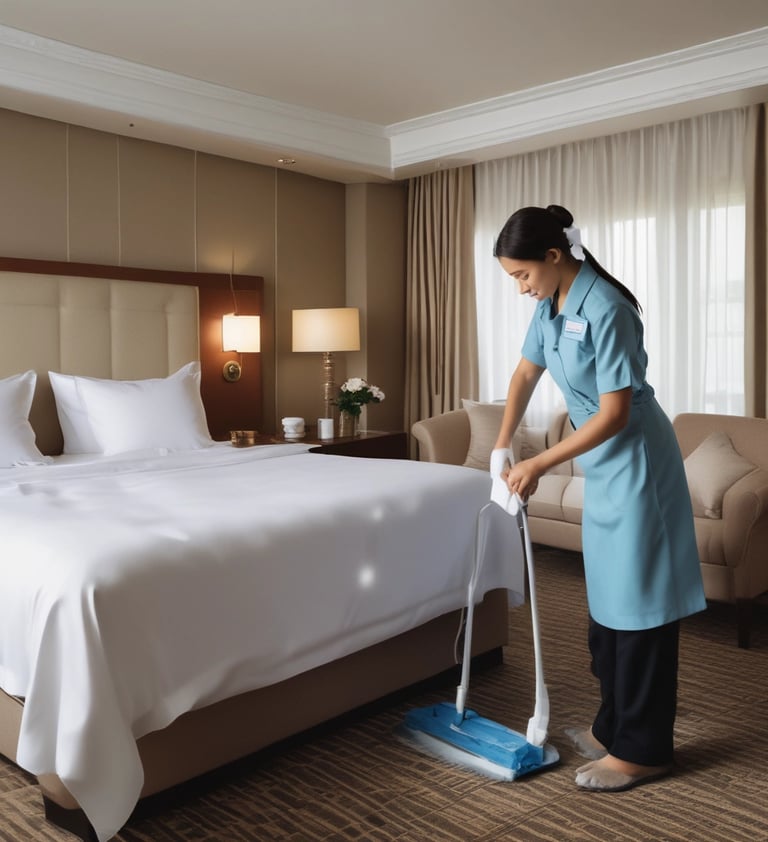A modern hotel reception area featuring a sleek design. The counter is equipped with digital displays and several computers. The ambient lighting is warm, with pendant lights hanging from the ceiling. Decorative ropes guide visitors along the polished, reflective floor. There is a potted orchid on the counter, adding a touch of elegance.