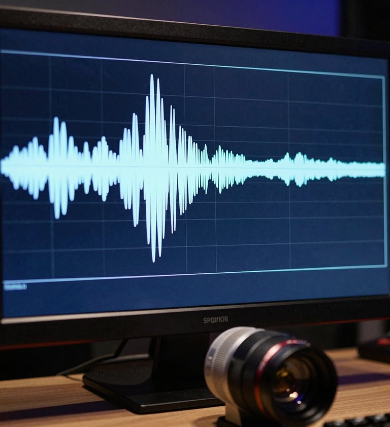 Macro photography of audio waveforms on a high-resolution studio monitor in a dark blue room. The crisp lines of the frequency display reflect technical precision and modern digital expertise in a Spanish recording facility.