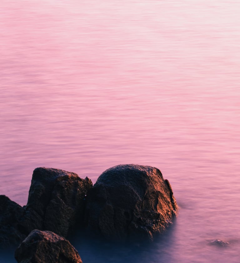 Rocks sitting in the ocean during a pink sunrise. 