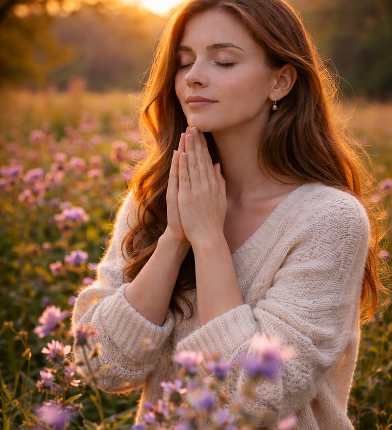 A woman praying in a field of purple flowers at sunset for mindfulness and meditation.