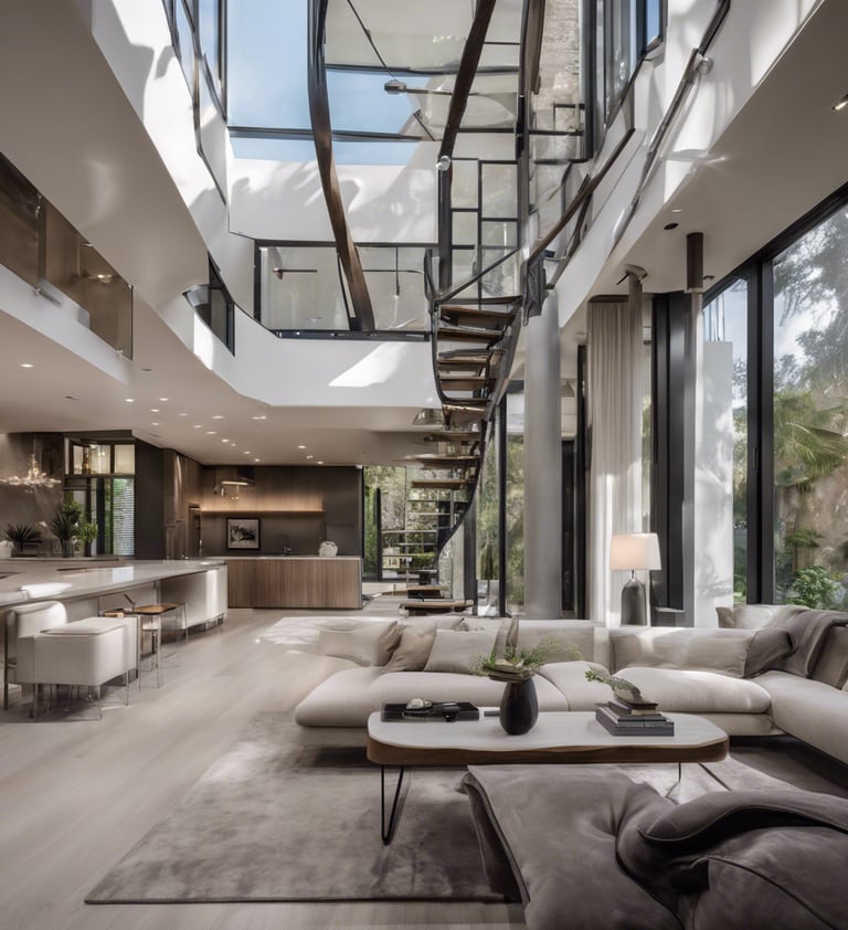 a living room with a staircase leading to a staircase