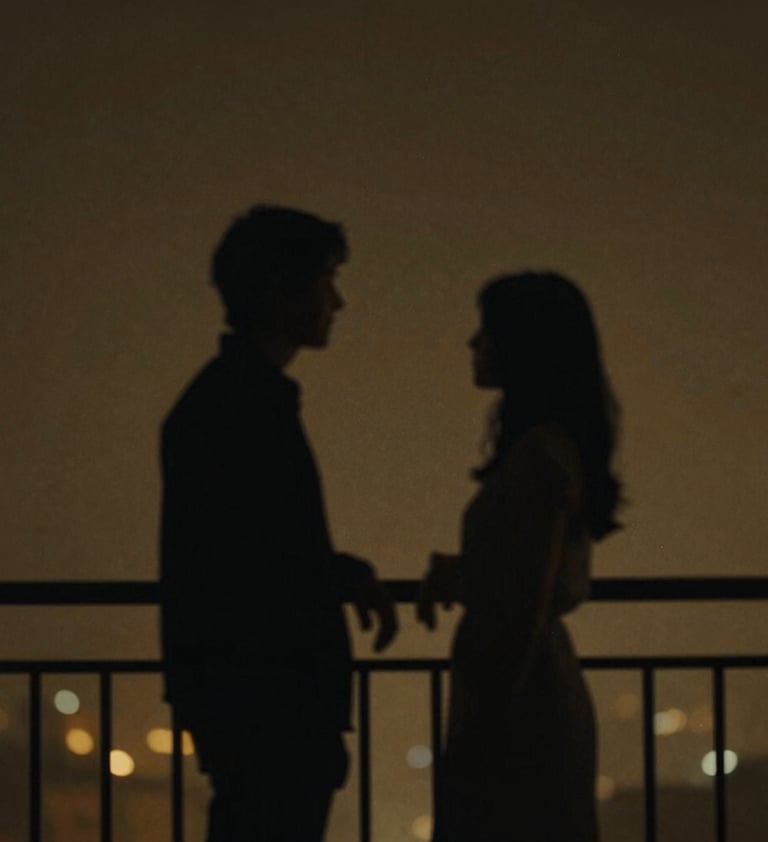 Film aesthetic, underexposed. A blurry silhouette of two people talking on a balcony at night. Minimalist composition, deep charcoal (#3E352B) and muted gold (#D1B499) hues. Atmospheric and emotional.