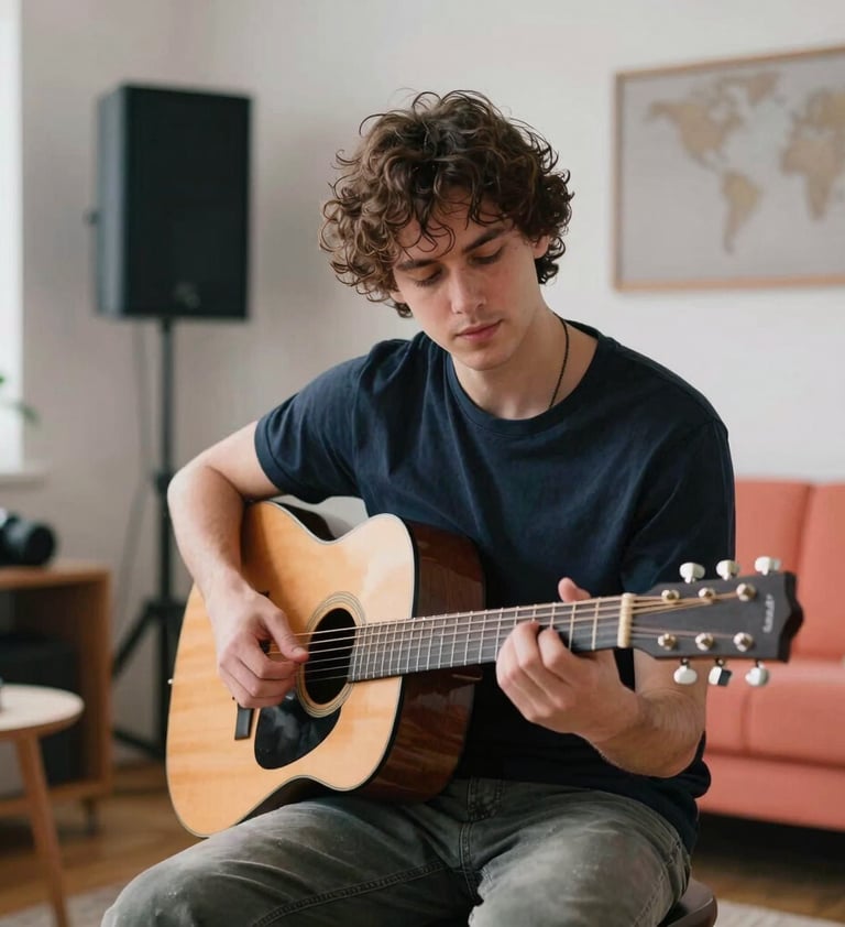 A professional portrait of the solo artist showing a beginner how to hold a guitar in a well-lit International / English-speaking home studio. Soft Cloud White lighting with vibrant accents of Vibrant Coral in the background furniture.