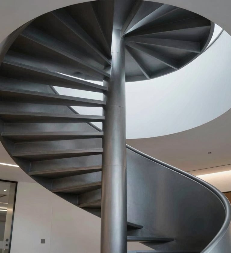An abstract upward shot of a modern spiral staircase in a professional office in Scandinavia. Minimalist aesthetic, utilizing silver and dark charcoal tones. Sophisticated architectural detail.