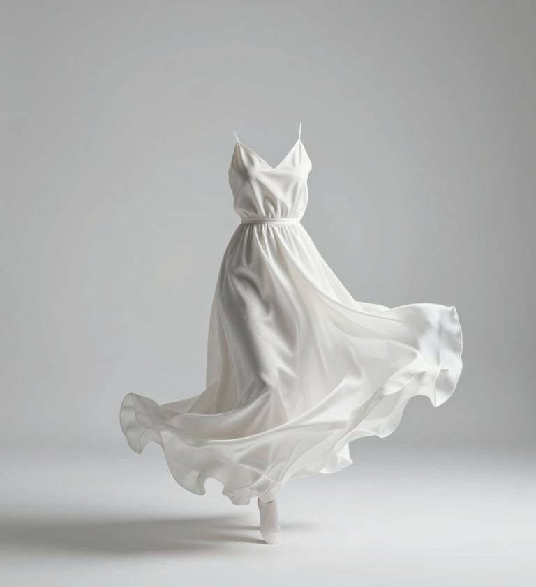 A minimalist studio shot of a flowy white silk dress being caught in motion. The lighting is bright and clean, using the #F8F8F8 palette with deep #0F0F0F shadows for definition. Sleek and modern aesthetic.