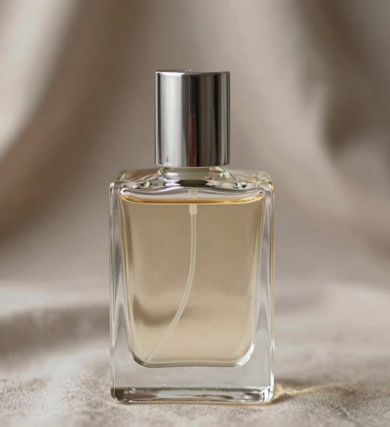 Detailed close-up of a glass fragrance bottle, focusing on the texture of the liquid and the sharp refraction of hard light. Background is a draped fabric in #D5BFB3 tones. Professional commercial photography.