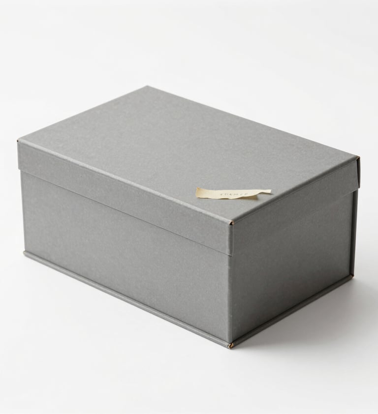 A minimalist, clean shot of a grey archival preservation box sitting on a white surface. A corner of an old, cream-colored manuscript #F8F6F4 is visible. The lighting is soft and even, highlighting the textures of the archival materials.