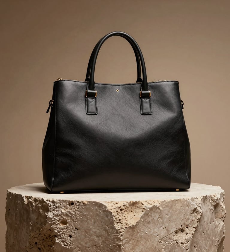 High-end editorial fashion photography showcasing an iconic, structural leather handbag in deep obsidian black, resting on a textured plaster pedestal. Warm bronze and soft sand-colored backdrop. Dramatic, high-contrast studio lighting, focusing on the refined geometry and heritage craftsmanship.