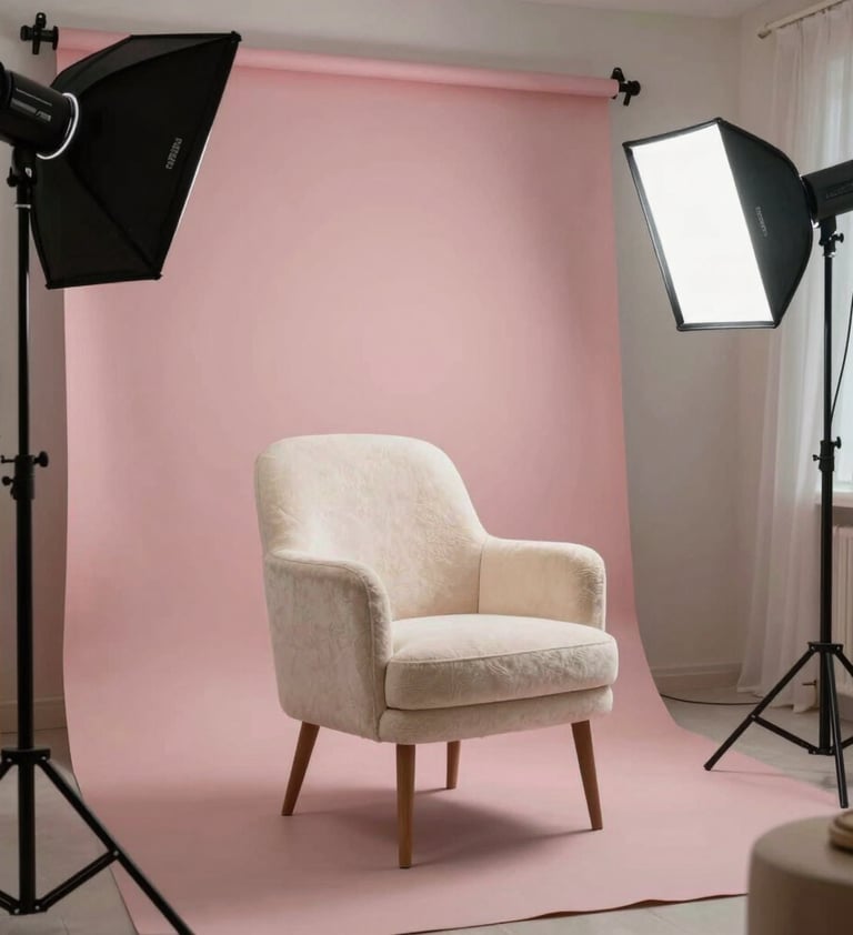 A beautifully arranged photography studio set for private sessions, featuring a plush chair, soft textures in light cream and dusty pink, and professional lighting equipment, set in a Middle Eastern home studio environment.